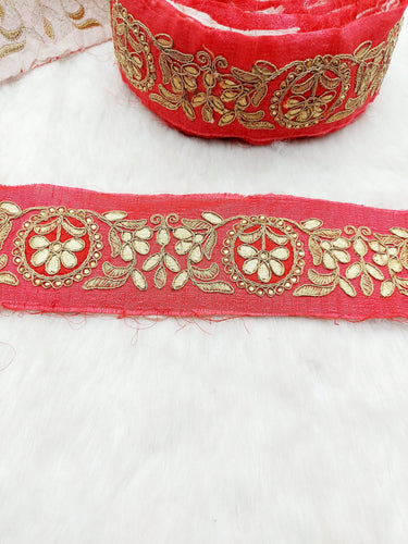 Red Art Silk Fabric Trim With Gold Zari Gota Patti Embroidery, Floral Embroider Trimming, Trim By The Yard